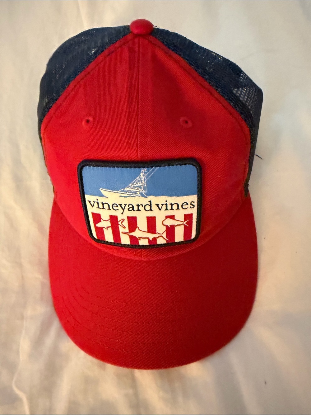 Vineyard Vines Red and Navy Mesh Trucker Hat with Patch
